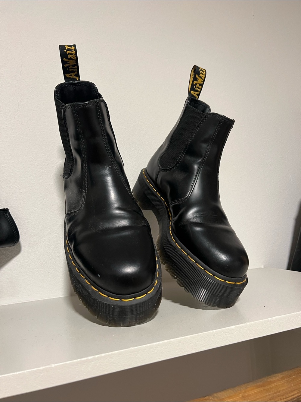 Dr. Martens Black Leather Chelsea Platform Boots with Yellow Stitching - Picture 2 of 2